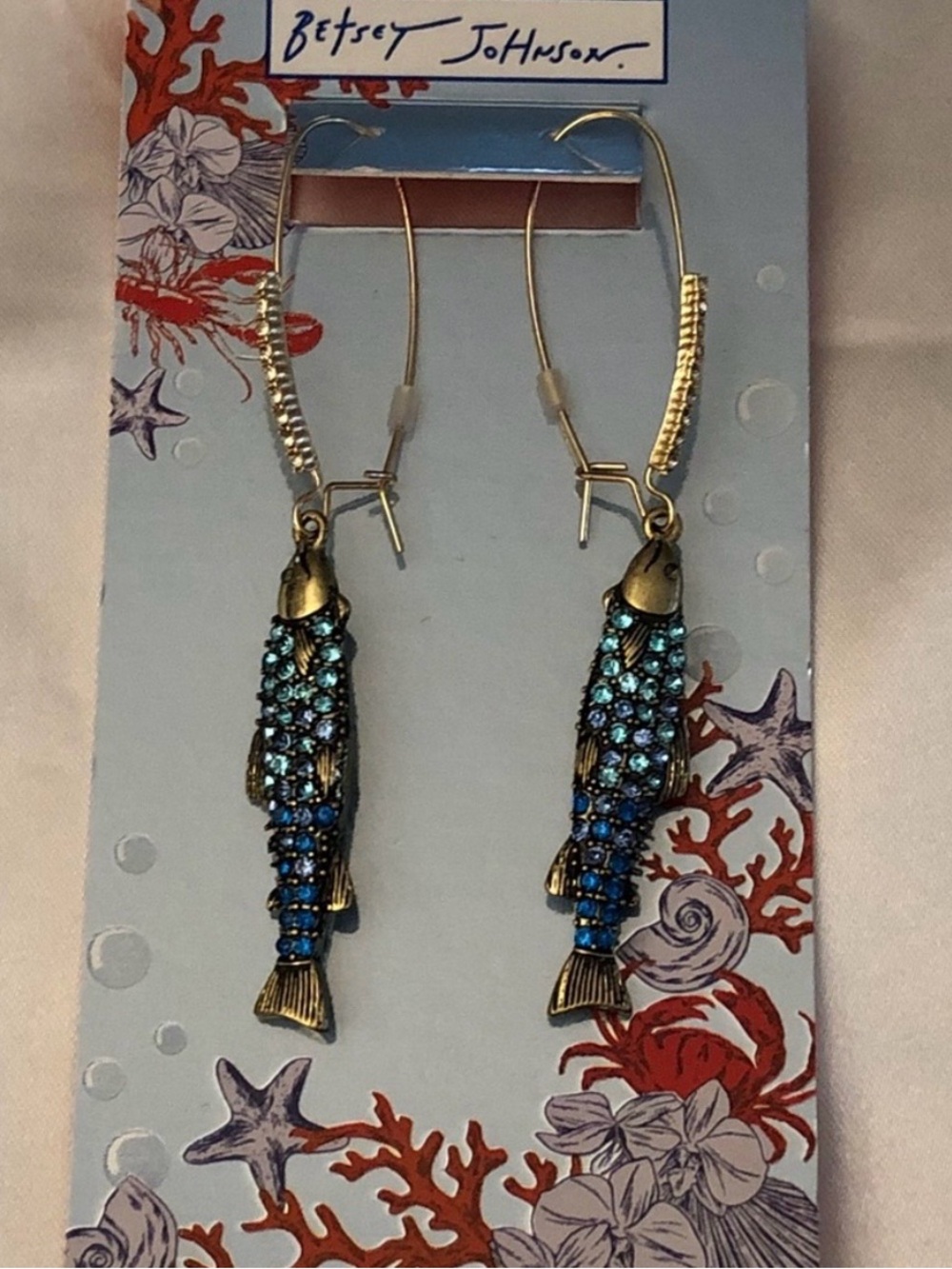 Betsey Johnson Gold-Tone Sardine Fish Dangle Earrings with Blue Crystals
